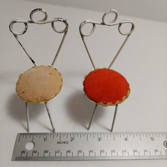 Antique Metal Chairs Japan Miniature Dollhouse Tan Red Sewing Pin Cushion Pair - Picture 4 of 8